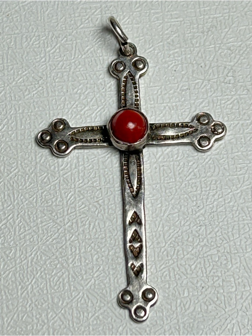 Native handcrafted Stampes Sterling Silver Coral Cross Pendant Vintage Navajo